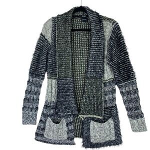 Desigual Black and Gray Textured  fluffy open front patch work Cardigan size xs